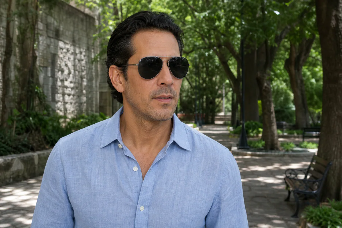 Man with a long rectangular face wearing deep aviator sunglasses outdoors