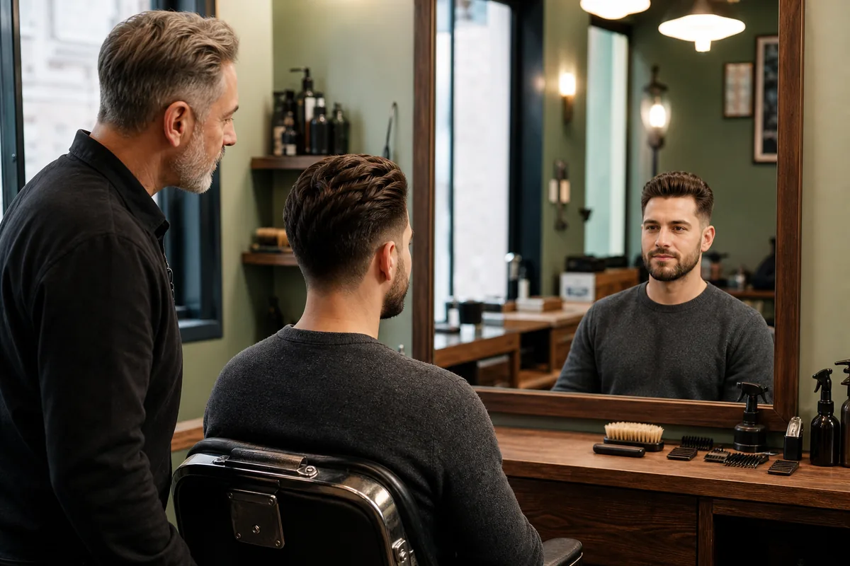 Barber and client discussing a haircut silhouette in front of a mirror