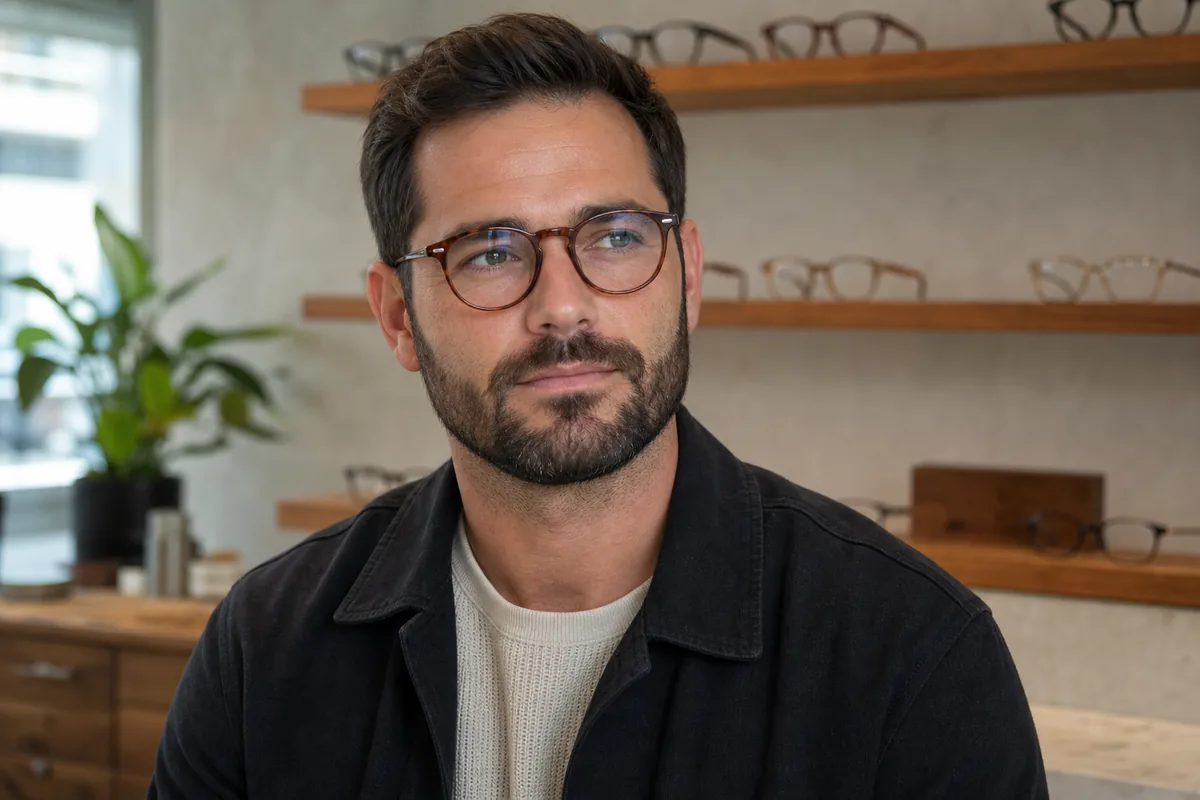 Man with a square face wearing rounded glasses and a neat short boxed beard