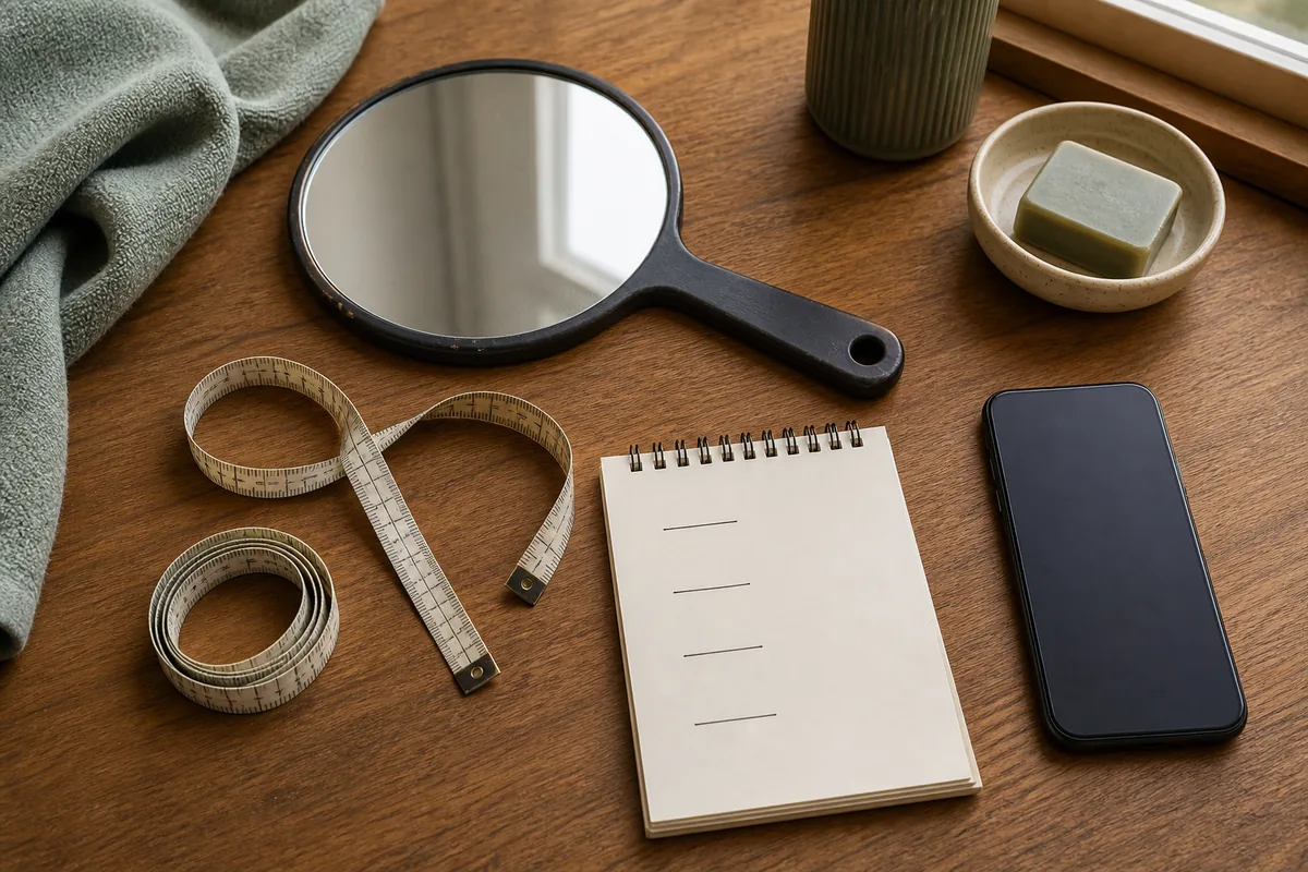 Flexible tape measure, mirror, phone, and notebook arranged for measuring facial proportions