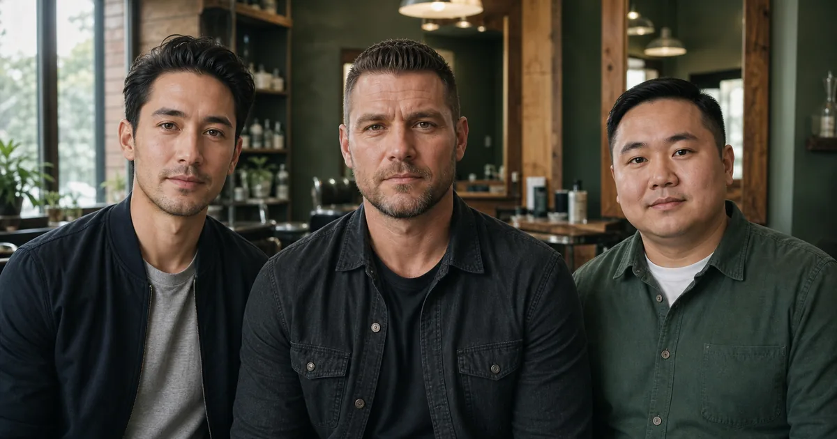 Three men with different facial proportions in a neighborhood barbershop