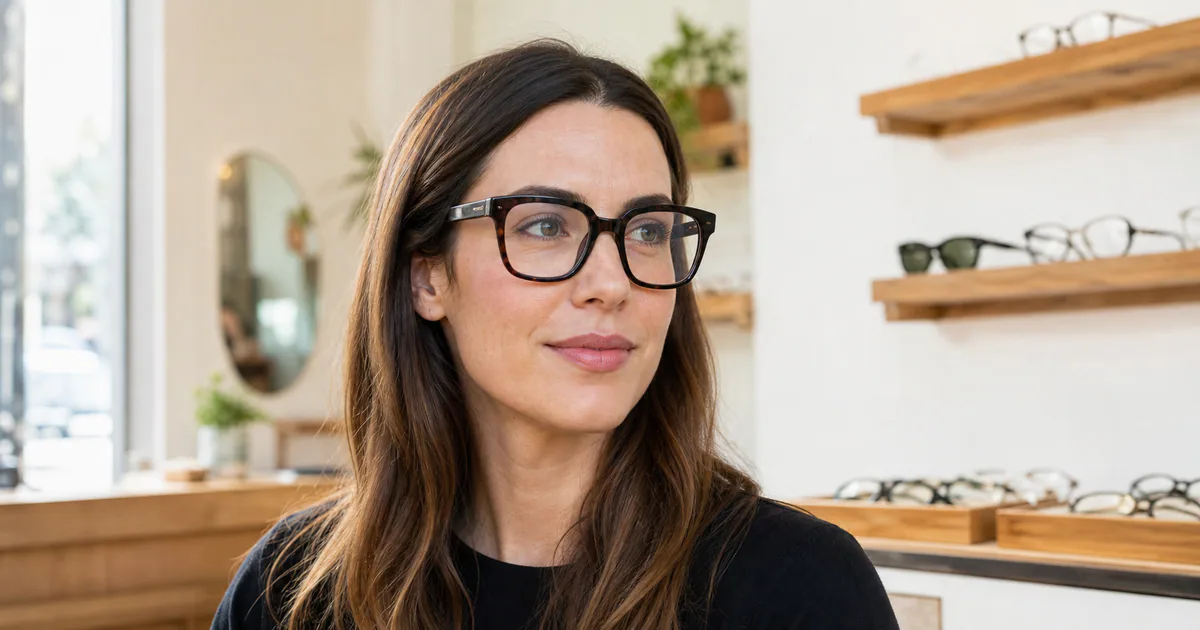 Woman with a long face wearing deep square glasses in an optical boutique