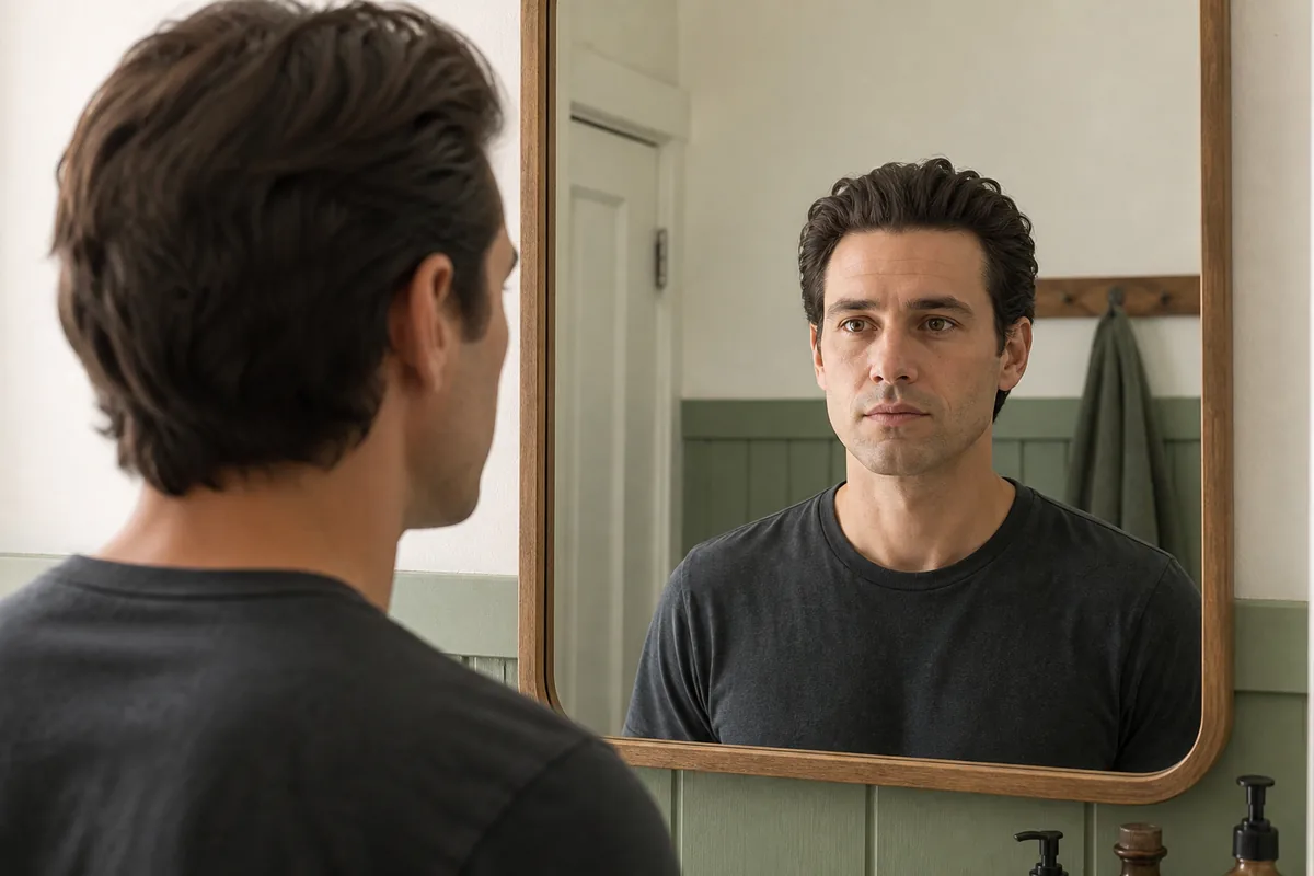 Man checking his facial outline straight on in a bathroom mirror