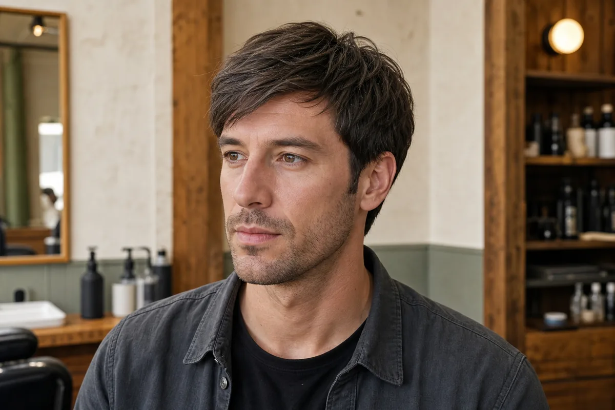 Man with an oblong face wearing a low-volume side-swept textured fringe