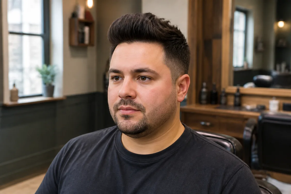 Man with a round face wearing a textured quiff with tapered sides