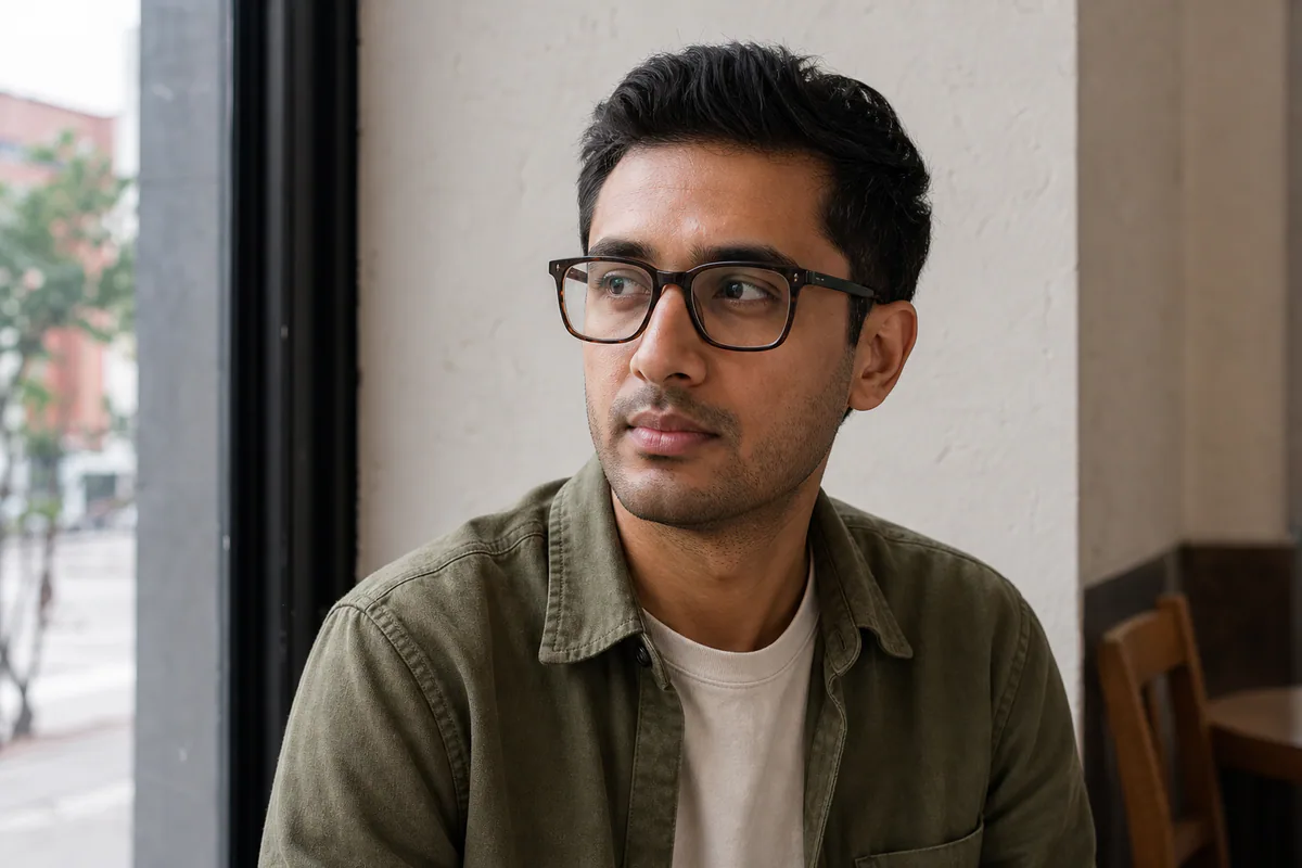 Man with a long face wearing tall square acetate glasses